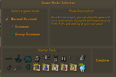 The game mode selector at account creation, showing Normal Account selected next to a description panel and the starter pack of items you begin with.