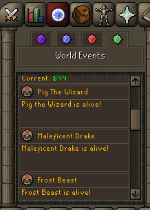 The World Events panel listing three currently-alive global bosses — Pig The Wizard, Maleficent Drake, and Frost Beast — next to the amount claimed so far.