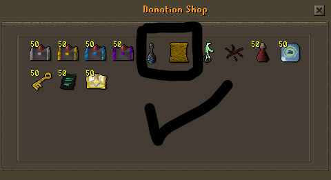 The Donation Shop item grid, with a potion and a scroll icon circled and check-marked as the two recommended first purchases.