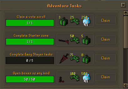 The Adventure Tasks panel showing four tasks: claim a vote scroll, complete the starter zone, complete 5 Easy Slayer tasks, and open 50 boxes of any kind, each with a Claim button.