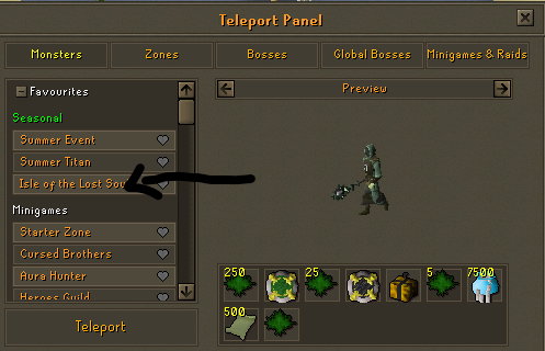 The Teleport Panel with an arrow pointing at "Isle of the Lost Souls" under Favourites, in the Seasonal and Minigames list.