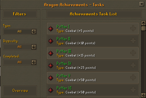 The Avernic Achievements task list, filterable by type and difficulty, showing several PvMer-tier combat achievements and their point values.