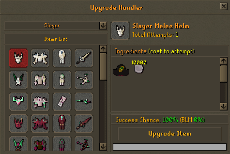 The Upgrade Handler crafting a Slayer Melee Helm, showing a 100% success chance and its listed ingredients.