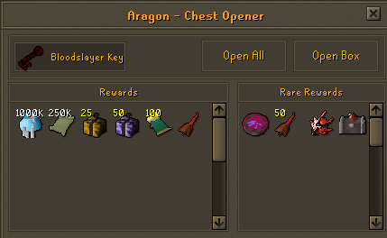 The Chest Opener with a Bloodslayer Key selected, showing its Rewards and Rare Rewards item grids.