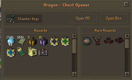 The Chest Opener with Chamber Keys selected, showing its Rewards and Rare Rewards item grids.