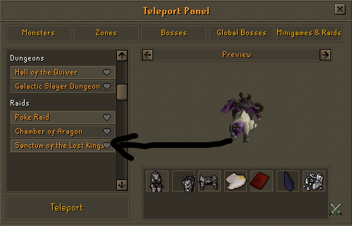 The Teleport Panel's Minigames & Raids tab, with an arrow pointing at Sanctum of the Lost Kings under Raids.